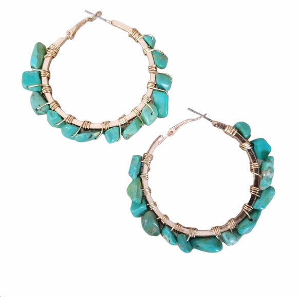 Hand Crafted Boho Turquoise Nugget Wire Wrapped Hoop Earrings - Picture 3 of 14